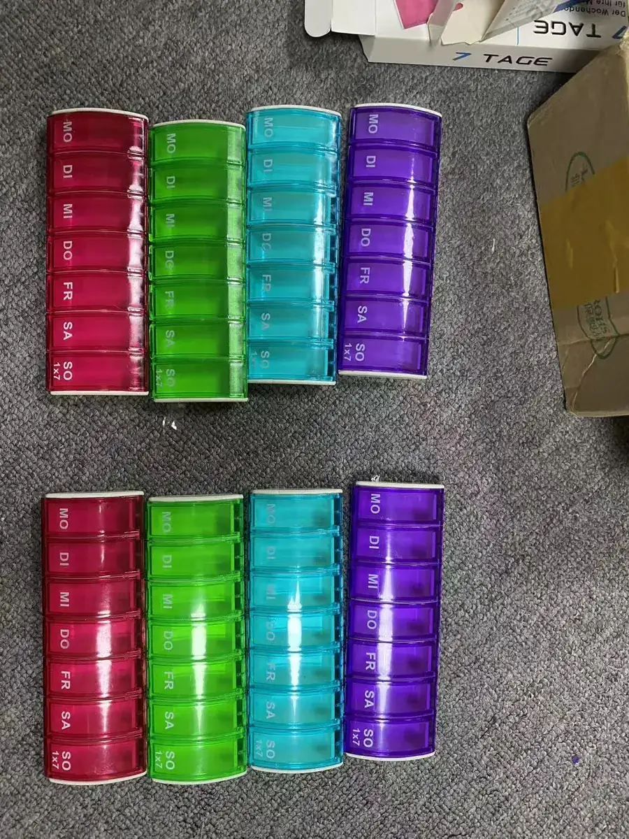 Four colored product sets arranged together for assortment consistency checking